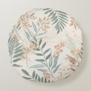 Sage Botanical Blush Leaf Watercolor Pattern Round Cushion
