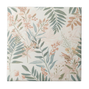 Sage Botanical Blush Leaf Watercolor Pattern Tile