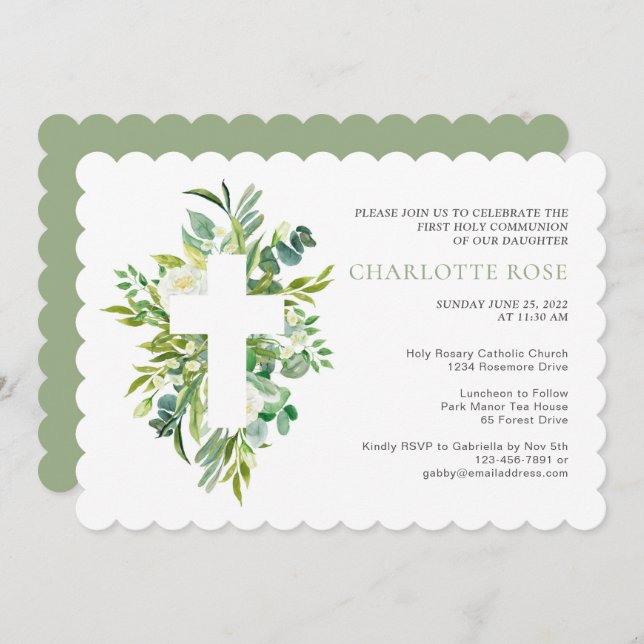 Sage Botanical Watercolor First Holy Communion Inv Invitation (Front/Back)