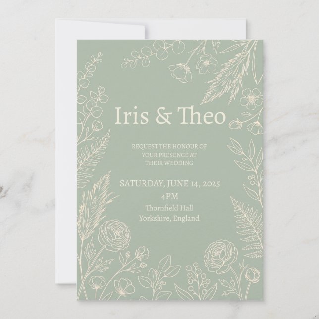 Sage Botanical Wedding Invitation (Front)