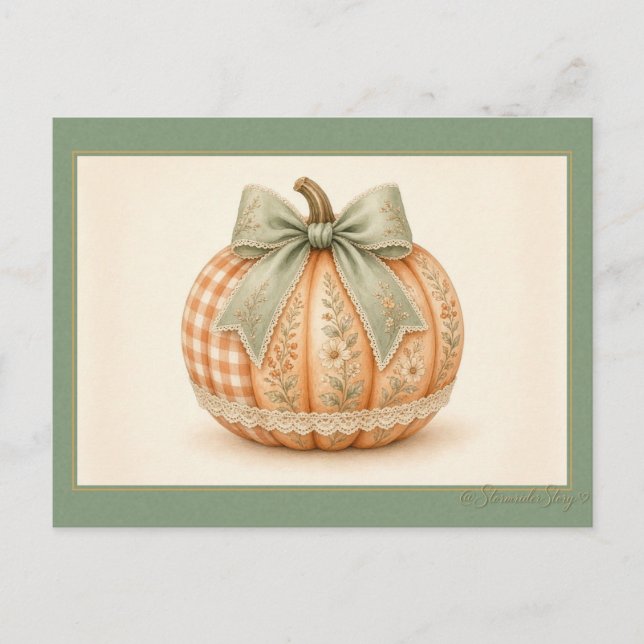 Sage Bow Gingham Patchwork Pumpkin Postcard (Front)