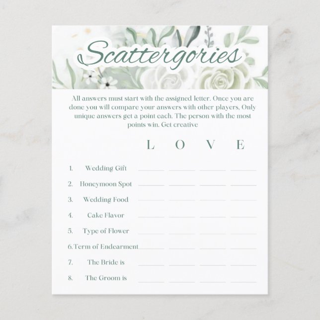 Sage Bridal Shower Game - Scattergories (Front)