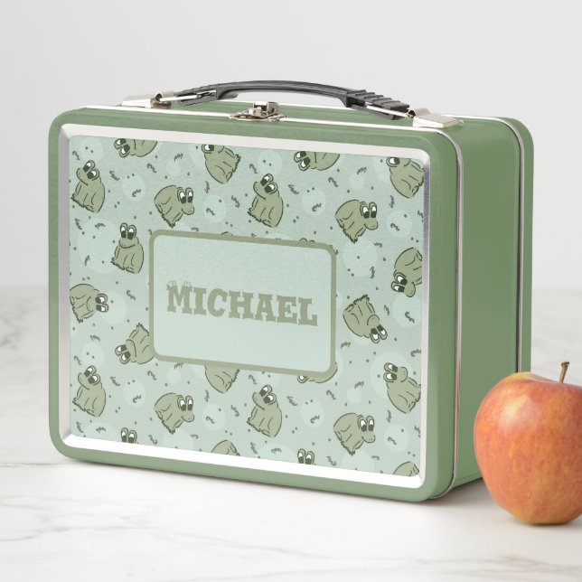 Sage Bubble Frogs - pattern - editable name. Metal Lunch Box (In Situ)