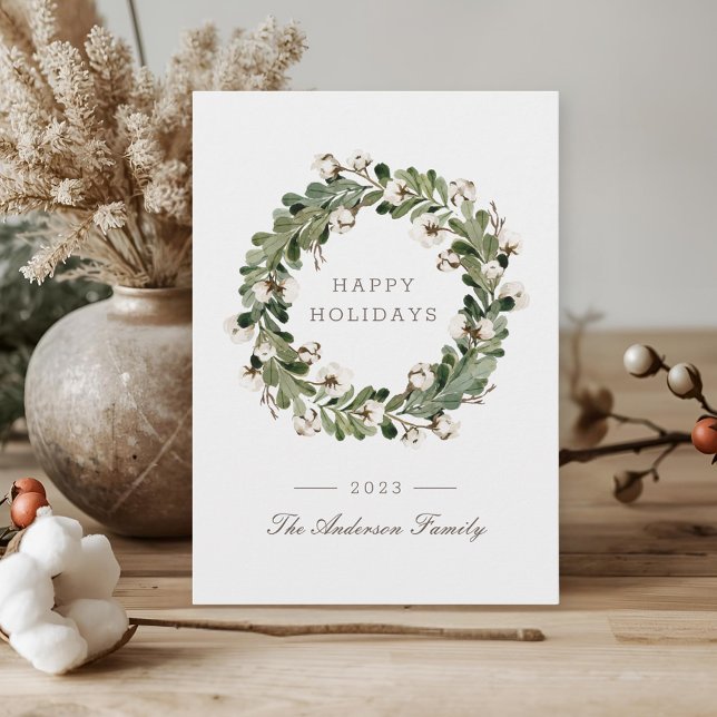 Sage Buffalo Check Christmas Cotton Wreath Holiday Card (Creator Uploaded)