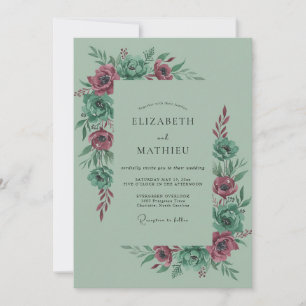 Sage Burgundy Botanical Flourish Wedding Invitation