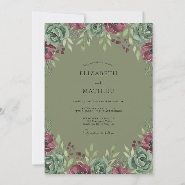 Sage Burgundy Botanical Romance Wedding Invitation (Front)