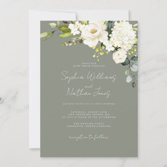 Sage Champagne Floral Wedding  Invitation (Front)
