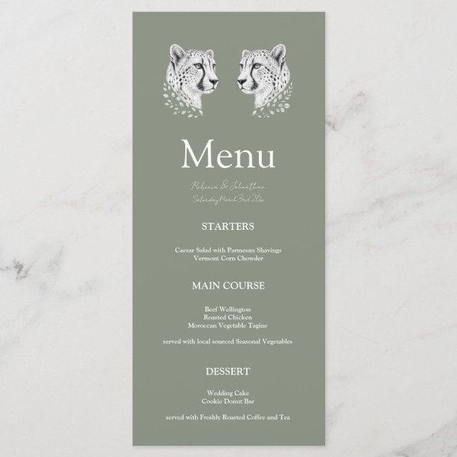 Sage Cheetah Modern Art Elegant Wedding Reception  Menu (Front)