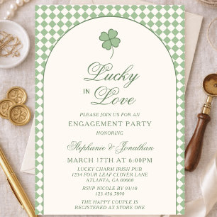 Sage Chequered Lucky in Love Engagement Party Invitation
