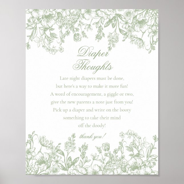 Sage Chinoiserie Flora Diaper Thoughts Baby Shower Poster (Front)