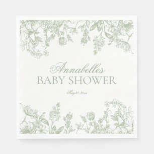 Sage Chinoiserie Vintag Floral Baby Shower Dessert Napkin