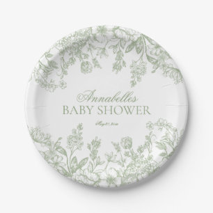 Sage Chinoiserie Vintag Floral Baby Shower Dessert Paper Plate