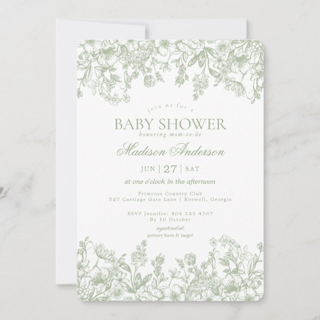 Sage Chinoiserie Vintage Floral Baby Shower Invitation (Front)