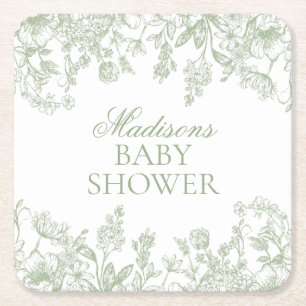 Sage Chinoiserie Vintage Floral Baby Shower Square Paper Coaster