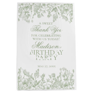 Sage Chinoiserie Vintage Floral Birthday Favours Medium Gift Bag