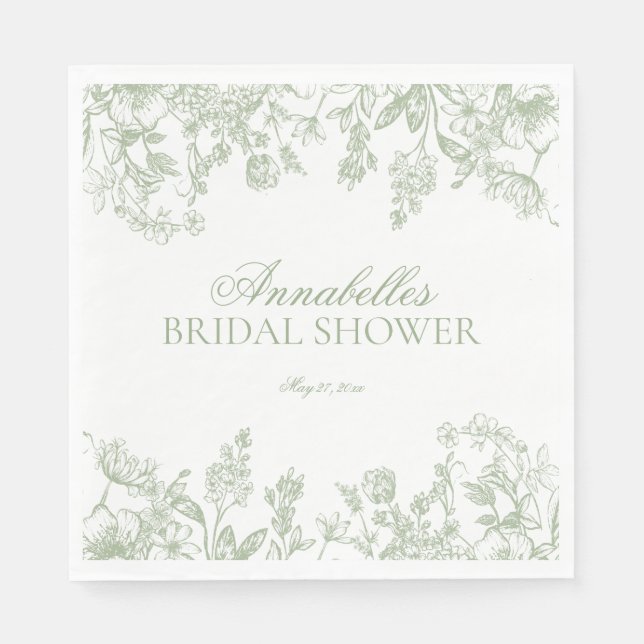 Sage Chinoiserie Vintage Floral Bridal Shower Napkin (Front)