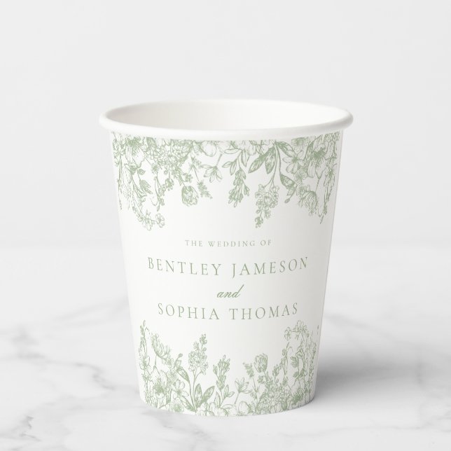 Sage Chinoiserie Vintage Floral Wedding Paper Cups (Back)