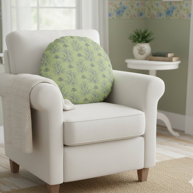 Sage Classic Vintage Simple Flower Pattern  Round Cushion (Creator Uploaded)