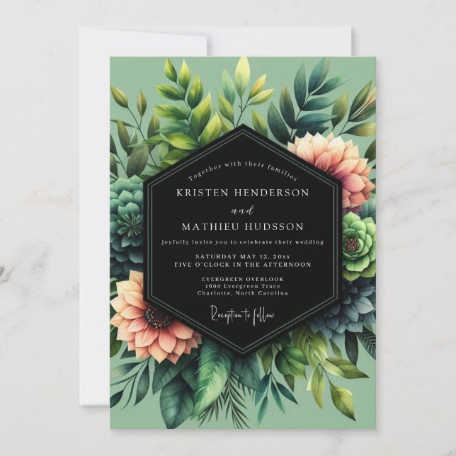 Sage Coral Botanical Wedding Invitation (Front)