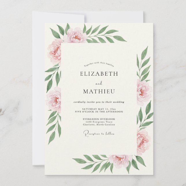 Sage Coral Ranunculus Eucalyptus Wedding Invitation (Front)