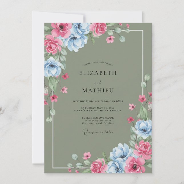 Sage Cornflower Petal Wedding Invitation (Front)