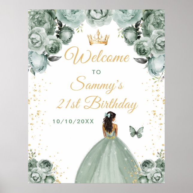 Sage Dark Skin Princess Birthday Welcome Poster (Front)