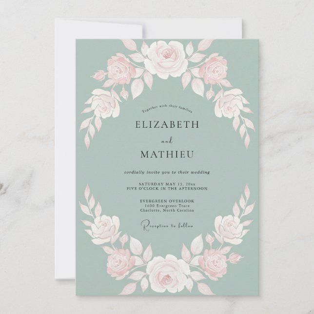 Sage Delicate Watercolor Rose Wedding Invitation (Front)