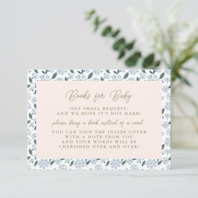 Sage Dusty Blue Floral Baby Shower Books for Baby Enclosure Card (Standing Front)
