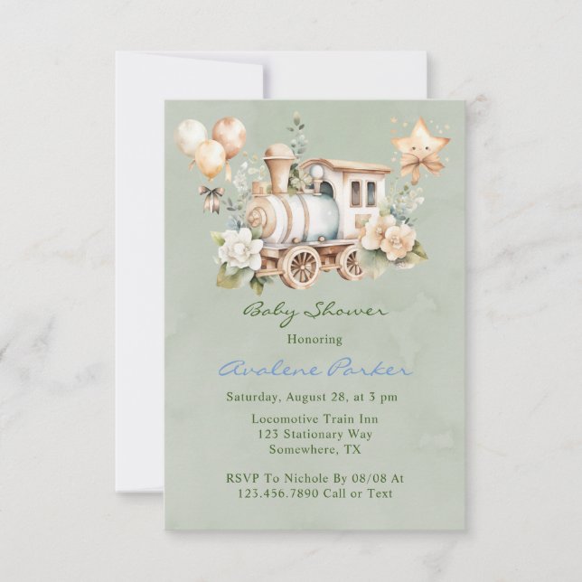Sage Dusty Blue Train Boy Baby Shower Invites (Front)