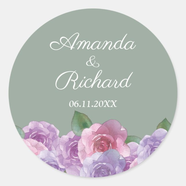 Sage Dusty Pink Purple Floral Wedding   Classic Round Sticker (Front)