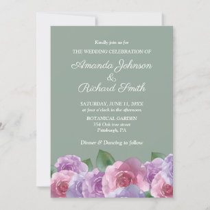 Sage Dusty Pink Purple Floral Wedding  Invitation
