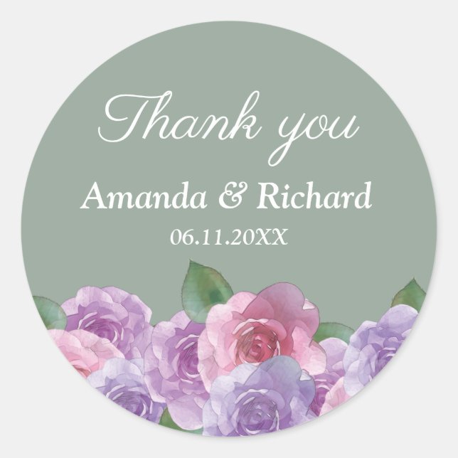 Sage Dusty Pink Purple Floral Wedding Thank You Classic Round Sticker (Front)