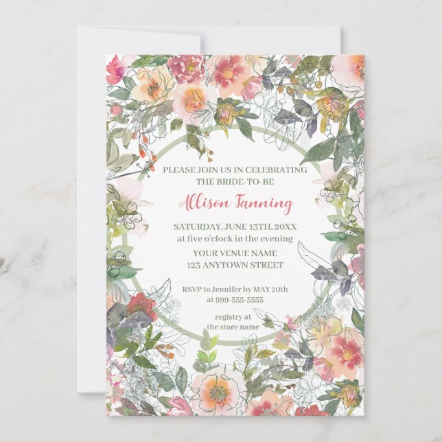 Sage Dusty Pink Roses Watercolor Bridal Shower   Invitation (Front)