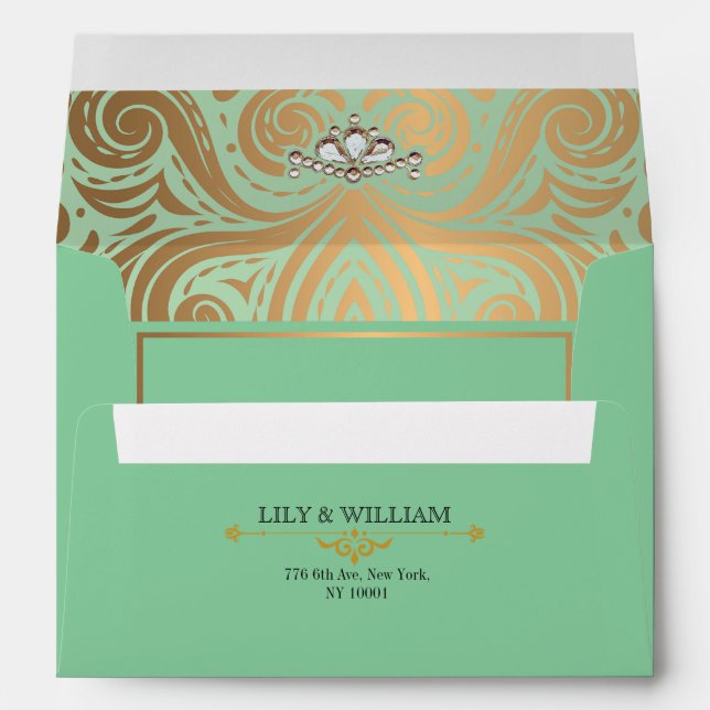 Sage Elegant Artdeco Diamond Gold Wedding Envelope (Back (Bottom))
