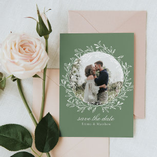 Sage Elegant Botanical Line Wreath Photo & QR Save The Date