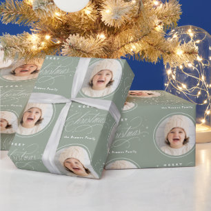 Sage Elegant Calligraphy Merry Christmas photo Wrapping Paper