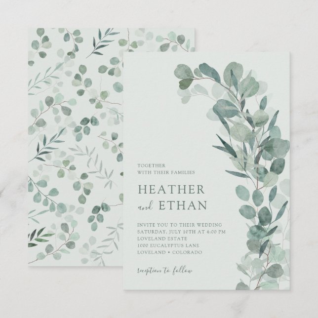Sage Elegant Modern Eucalyptus Greenery Wedding Invitation (Front/Back)
