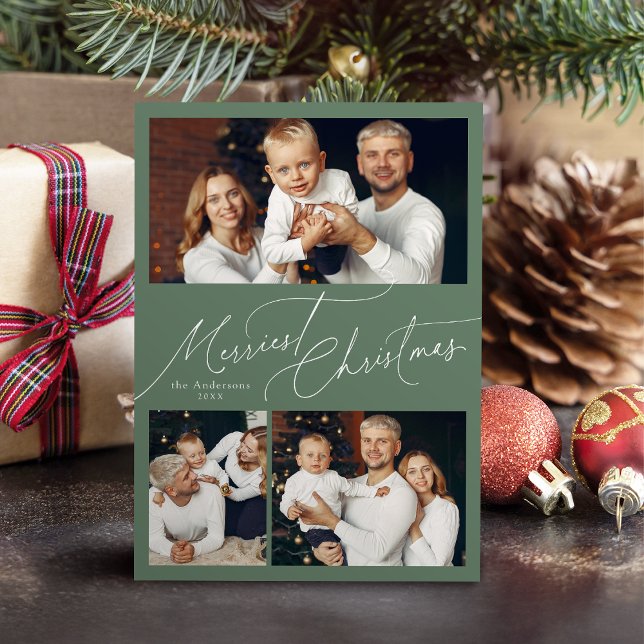 Sage Elegant Script Merry Christmas Family 3 Photo Holiday Card (Sage Elegant Script Merry Christmas Family 3 Photo Holiday Card)