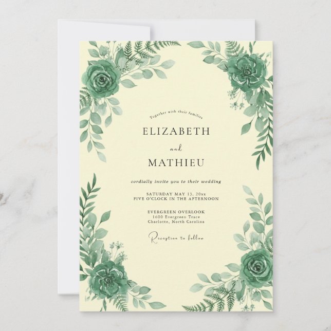 Sage Emerald Leafy Wedding Invitation (Front)