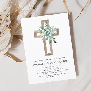 Sage Eucalyptus Baptism Greenery Gold Cross Invitation