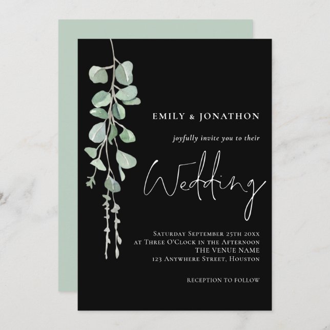 Sage Eucalyptus Elegant Script Black Wedding Invitation (Front/Back)