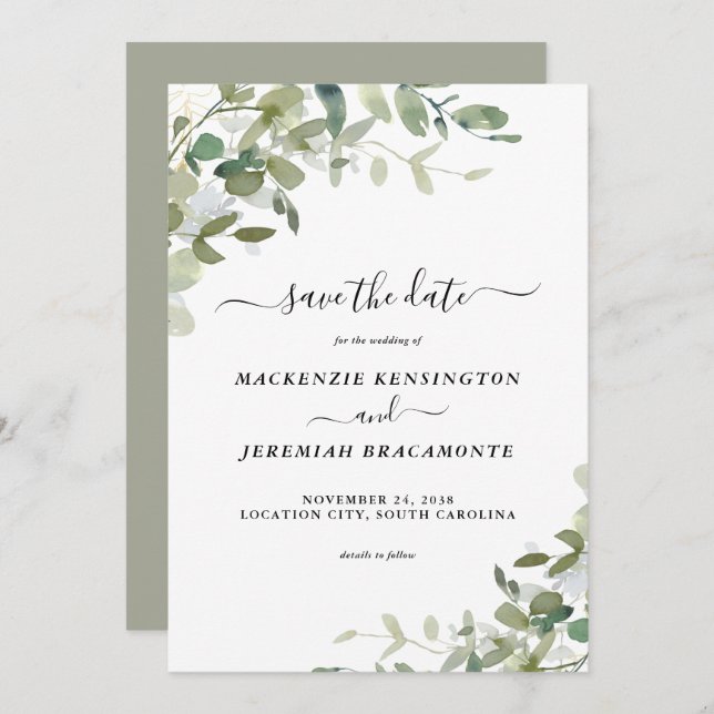 Sage Eucalyptus Greenery Wedding Save the Date (Front/Back)
