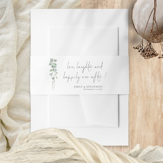 Sage Eucalyptus Love Laughter Names Wedding  Invitation Belly Band (Creator Uploaded)