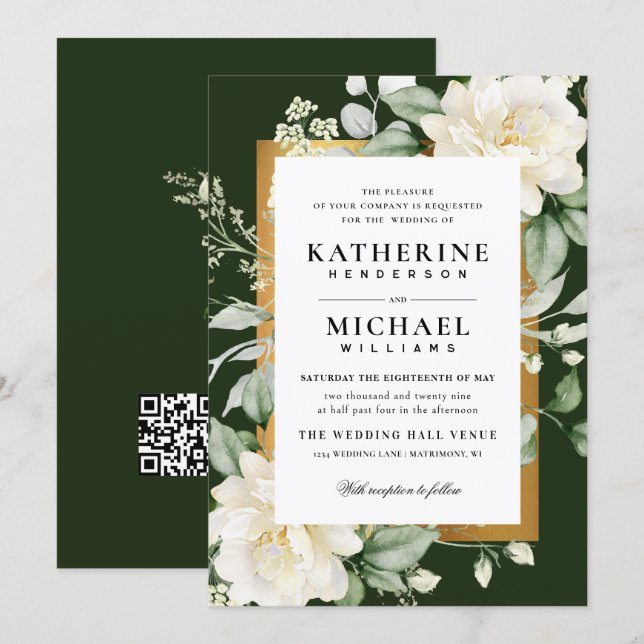 Sage Eucalyptus Rose Ivory & Gold Frame Wedding Invitation (Front/Back)