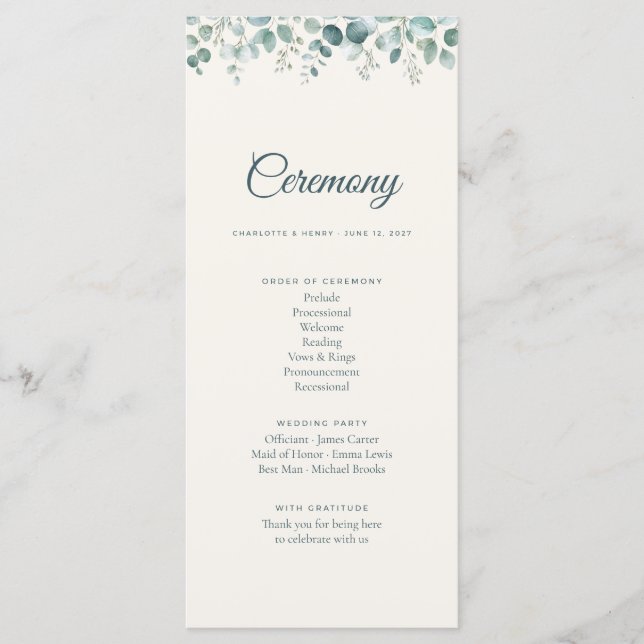 Sage Eucalyptus Wedding Ceremony Program Programme (Front)