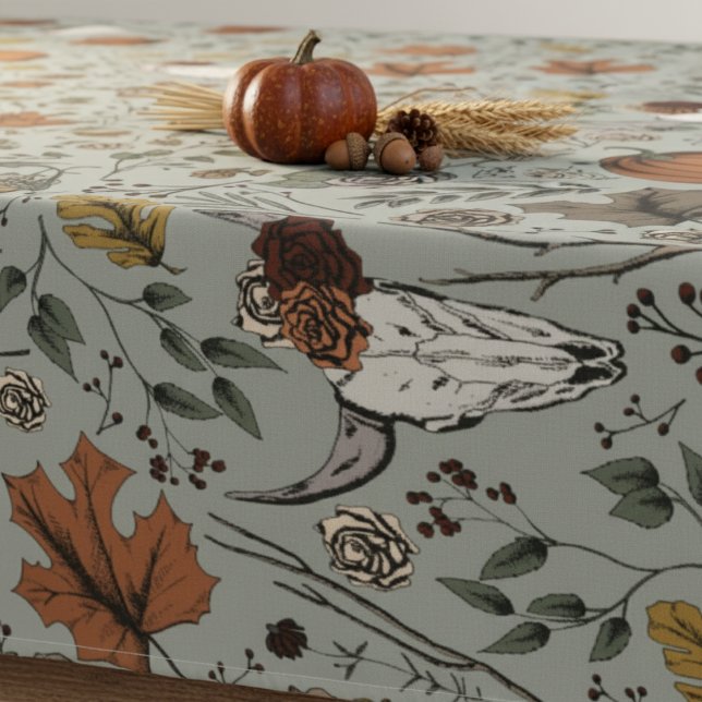 Sage Fall Harvest & Cow Skull Bull Head Floral Tablecloth (Sage Country Western Fall Pumpkin and Cow Skull Floral Tablecloth for Thanksgiving in Autumn Colors.)