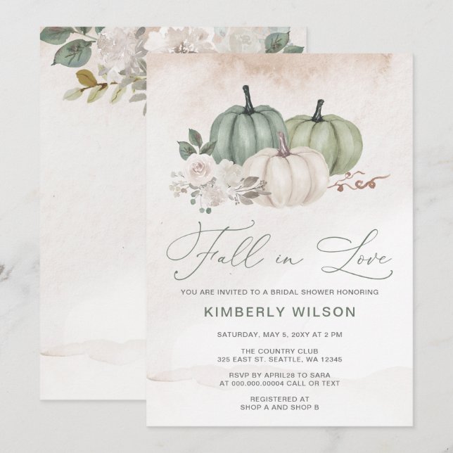 Sage Fall in Love Pumpkins Fall Bridal Shower Invitation (Front/Back)