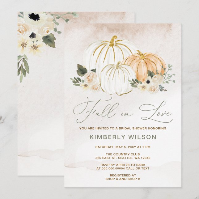 Sage Fall in Love Pumpkins Fall Bridal Shower Invitation (Front/Back)