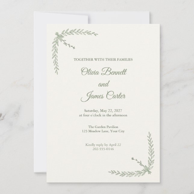 Sage Fine Line Olive Leaf Wedding Invitation (Front)