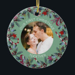 Sage First Christmas Together Personalised Photo Ceramic Tree Decoration<br><div class="desc">Romantic ornament for a couple features beautiful Christmas wreath and a sage green background. Personalise the template with your photograph,  names or custom text. You can change the background colour if you like,  just click on "Edit using design tool".</div>